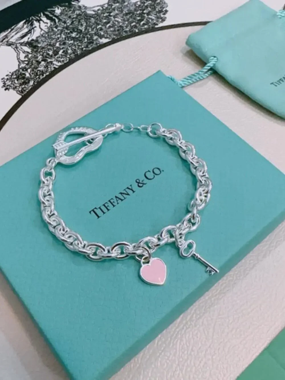 Tiffany & Co. Pink Heart Silver Bracelet